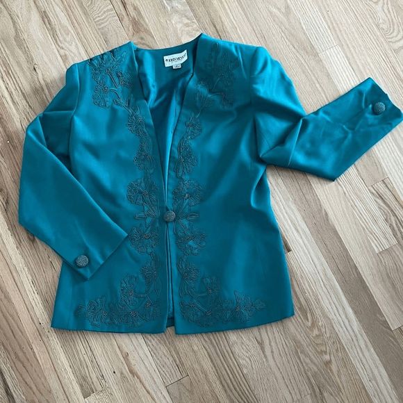 vtg 80s John Meyer of Norwich women's jacket skirt set size green teal 12 rayon - Picture 3 of 13